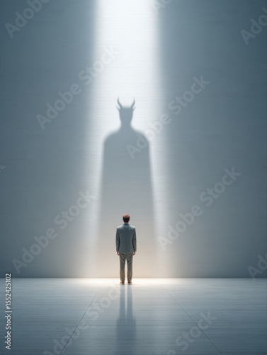 Man standing alone in large empty room with shadow resembling devil figure, evoking fear and inner conflict