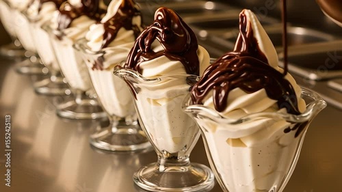 Ice cream sundaes get chocolate drizzle. Dessert focus. Perfect for promoting restaurants, ice cream shops, sweet treats, and summer specials. Indulgence!