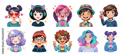 A colorful set of diverse cartoon avatars of young, trendy individuals with unique hairstyles, glasses, and playful expressions.