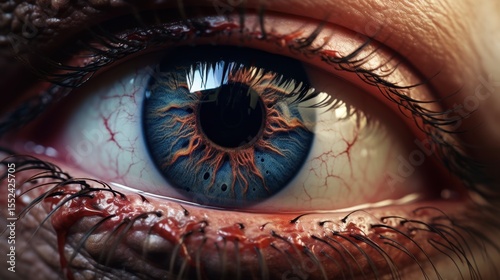 Close-up of a womans striking blue eye showcasing intricate red and black veins in detail