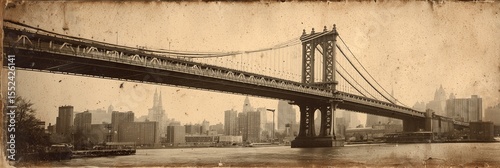 old worn vintage sepia toned polaroid photo of Manhattan Bridge landmark, texture background	