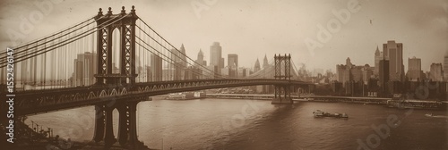 old worn vintage sepia toned polaroid photo of Manhattan Bridge landmark, texture background	