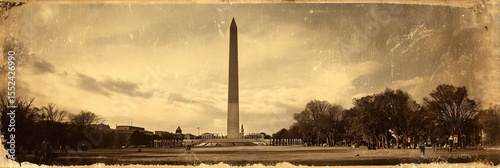 old worn vintage sepia toned polaroid photo of Washington Monument landmark, texture background	