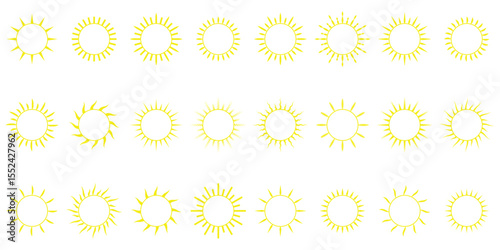 Different sun icons set. sunshine and solar glow, sunrise or sunset. Vector illustration.