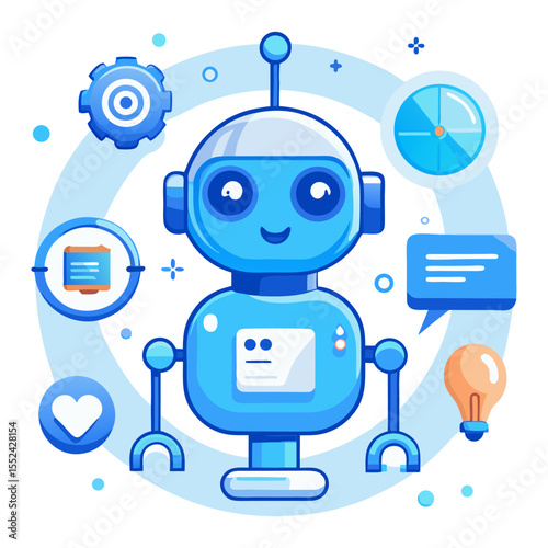 A friendly blue cartoon robot surrounded by various technology and communication icons like a gear, heart, lightbulb, and speech bubble, representing AI, automation, and helpful services.