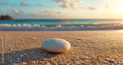 Close-up view of a white stone on a sandy beach with ocean waves and a bright sky during daytime sunshine