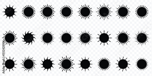 Different sun icons set. sunshine and solar glow, sunrise or sunset. Vector illustration.