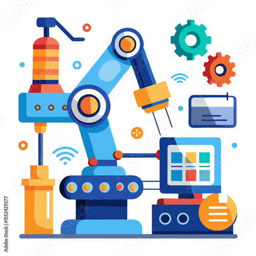 
Vibrant illustration of an automated manufacturing process with a robotic arm, conveyor belt, and control panel, symbolizing industrial automation, smart factory, and production efficiency.