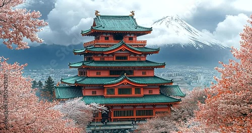 Traditional Japanese pagoda surrounded by cherry blossoms