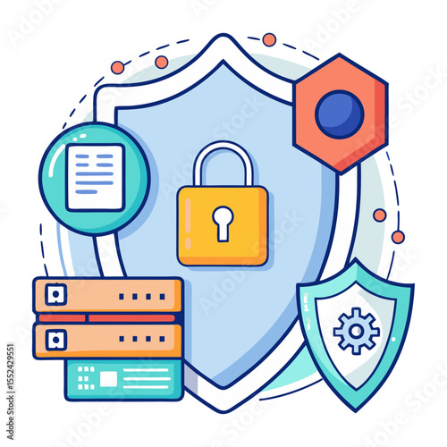 Robust cybersecurity and data protection. Features a large shield with a padlock, flanked by servers, a document, and a gear-shield, symbolizing secure networks and information.