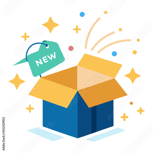 An open box with a "NEW" tag, sparkles, and abstract elements, symbolizing product launch, unboxing experience, novelty, or a new offer.