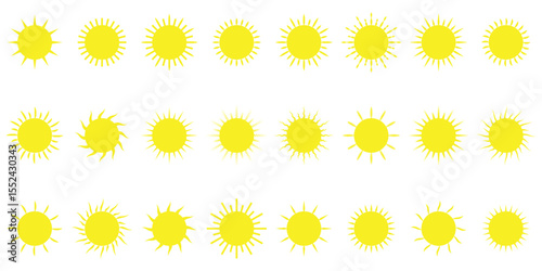 Different sun icons set. sunshine and solar glow, sunrise or sunset. Vector illustration.