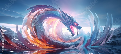pop surreal unreal silhouettes spiral towards white dragon, ai generatif