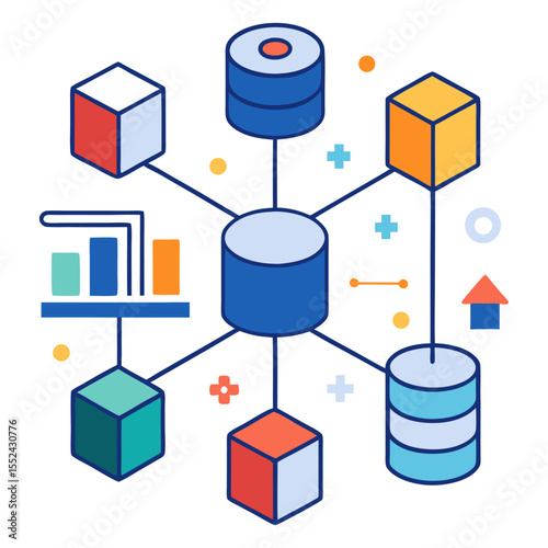 A colorful flat illustration representing a central database or server connected to various data sources, cubes, and analytical graphs, symbolizing data flow, big data, and distributed systems.