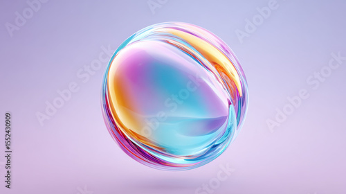 Colorful transparent glass sphere with smooth surface and vibrant reflections floating on soft purple background