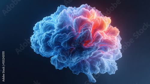 Colorful brain illustration with glowing red and blue light effects, showing detailed texture and abstract scientific concept