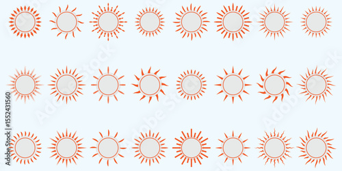 Different sun icons set. sunshine and solar glow, sunrise or sunset. Vector illustration.