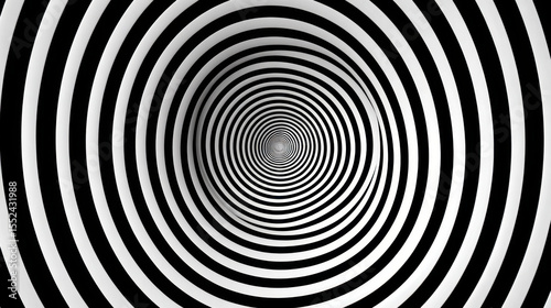 Black and white concentric circles create hypnotic optical illusion with tunnel effect, evoking mesmerizing and dizzying sensation