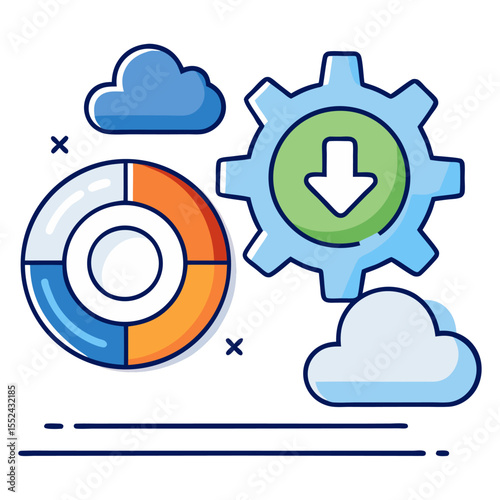 A flat design illustration showing a segmented pie chart, a gear with a download arrow, and clouds, representing data analysis, cloud downloads, and system settings or processes.