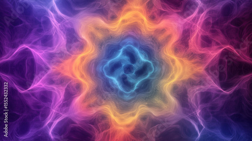 Colorful abstract fractal design with glowing blue, orange, purple, and pink waves creating vibrant, energetic pattern