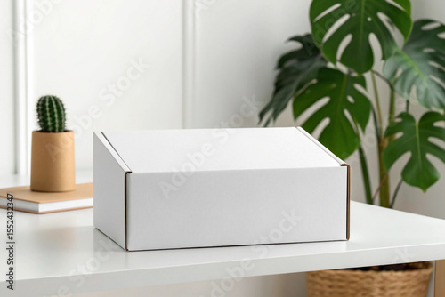 Clean white cardboard gift box with brown edges sits on a white desk next to a potted cactus and a monstera plant