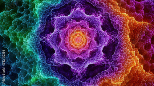 Colorful fractal pattern with vibrant purple, orange, and green hues creating mesmerizing abstract design
