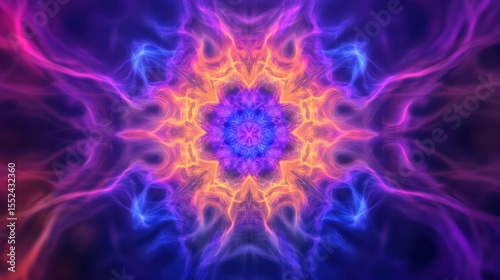 Fractal pattern with glowing purple, blue, and orange colors creating vibrant and energetic abstract design