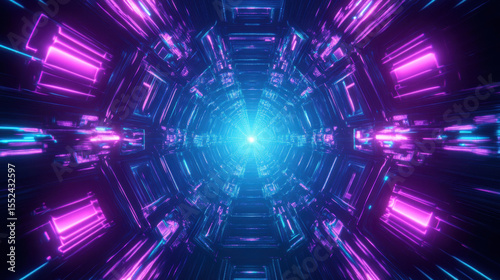 Futuristic tunnel with glowing neon lights in blue and purple creating vibrant sci fi atmosphere and depth perspective