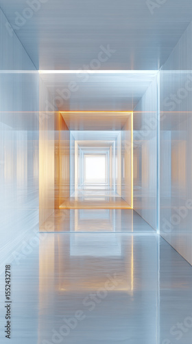 Futuristic corridor with glowing orange and blue light frames, reflective floor, and sleek modern design creating sense of depth and space