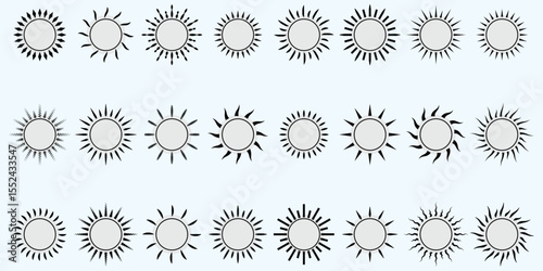 Different sun icons set. sunshine and solar glow, sunrise or sunset. Vector illustration.