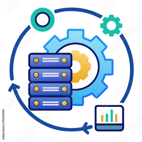 A flat design illustration depicting data processing and continuous improvement, featuring server racks, a large gear, charts, and a circular arrow, symbolizing system optimization and workflow.