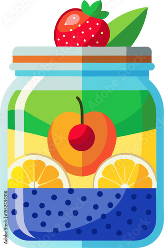 Colourful flat illustration of a chia pudding jar topped with fruit with white background.