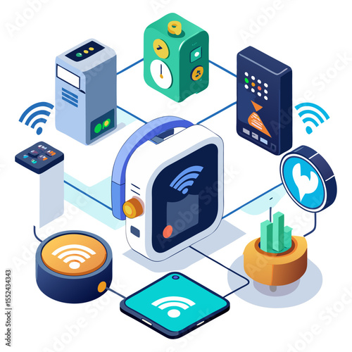 a network of IoT devices and smart home technology, with various interconnected gadgets, Wi-Fi signals, and data flow, symbolizing automation and digital living.