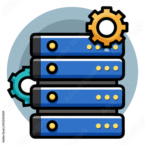 Icon depicting a stack of servers with gears, symbolizing data management, hosting, or IT infrastructure.