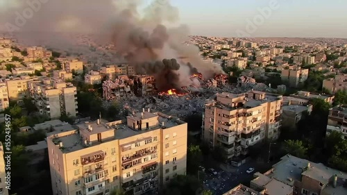 Residential neighborhood in flames after large-scale bombardment