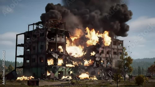 Tall building engulfed in flames after aerial missile strike