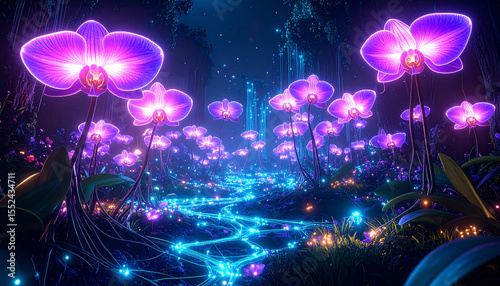 Quantum Orchid Garden. Artificial Intelligence concept. Generated Image