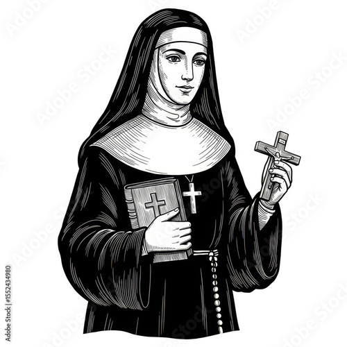 black and white nun holding cross and bible clip art preview