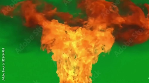 Vivid fiery explosion with green screen background
