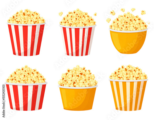 Six illustrations of popcorn in striped and solid containers, showing popping kernels