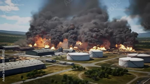 Industrial complex burning with thick black smoke rising
