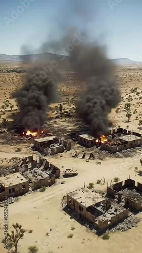 Smoke and fire rise from destroyed structures in a desert outpost