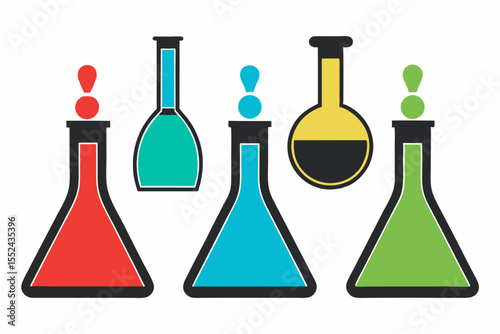 Colorful laboratory flasks with droplets and bubbles representing science