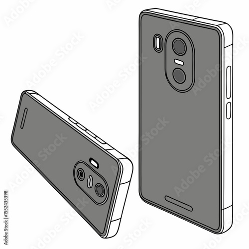 Two gray smartphones displaying rear camera modules and side buttons
