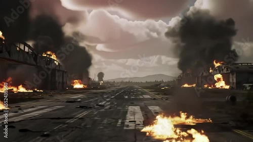 Wide road engulfed in smoke and fire from distant explosions