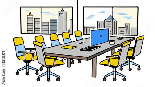 Modern conference room with city view and technology ready for meeting