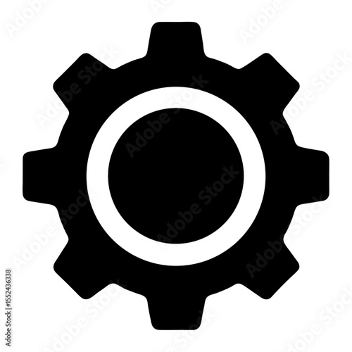 A solid black icon of a cogwheel or gear, commonly used to represent settings, options, machinery, or industrial processes.