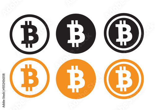 Collection of Bitcoin logos in contrasting colors including black, white, and orange, ideal for cryptocurrency branding