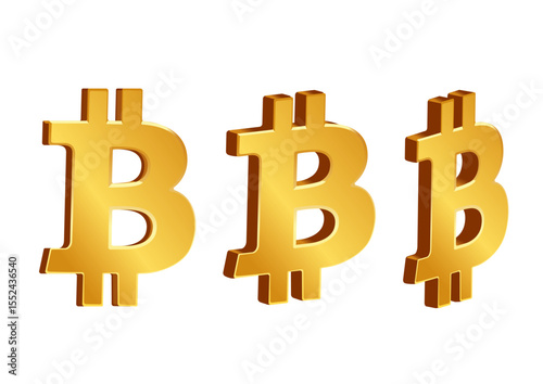 Set of three golden Bitcoin symbols in 3D, showcasing wealth and investment potential in cryptocurrency