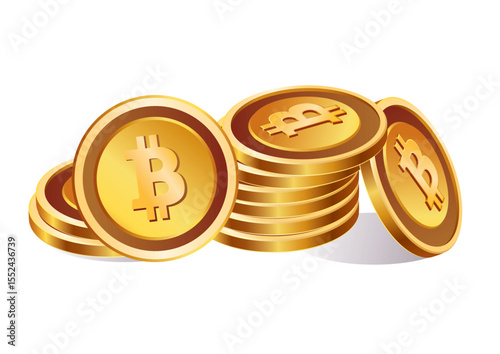 Piled three dimensional golden Bitcoin coins illustrating cryptocurrency wealth, investment potential, and financial growth